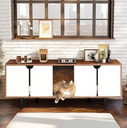 Special Cat Furniture - Litter Box Enclosure For 2 Cats, Double Hidden Litter Box, White Vintage - Pet's Dream