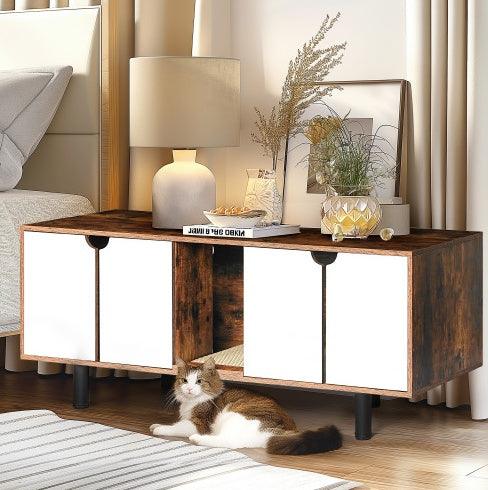 Special Cat Furniture - Litter Box Enclosure For 2 Cats, Double Hidden Litter Box, White Vintage - Pet's Dream