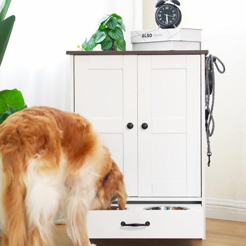 Feeding Station - Food Locker With Hidden Dog Bowl, Adjustable Panel, comfy Hook, for Medium Dog, White - Pet's Dream